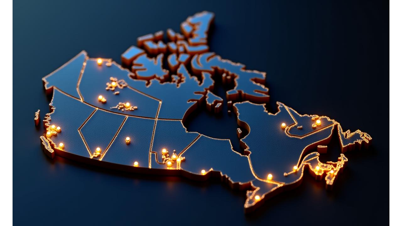 Stylized map of Canada with glowing gold markers indicating current and planned BarberCraft locations in major cities like Toronto, Vancouver, Calgary, Montreal, and Halifax.