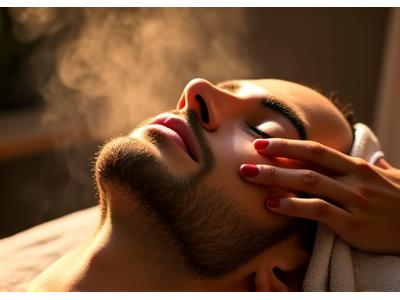 Close-up of a hot towel treatment for a client at BarberCraft